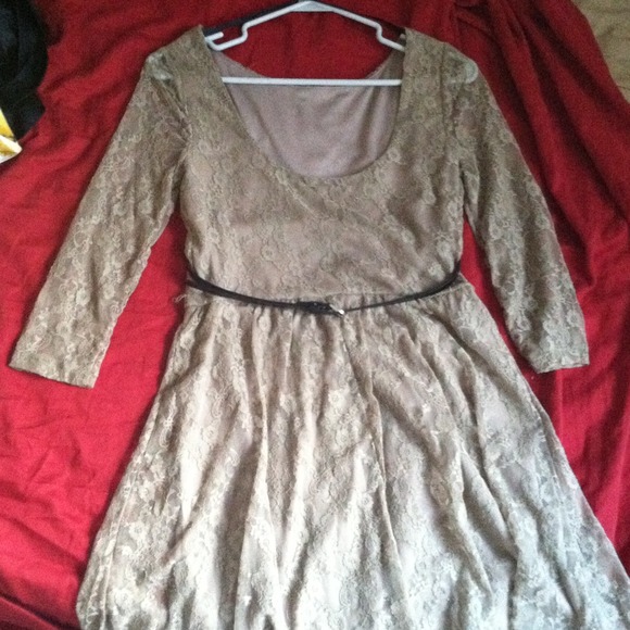 Tan lace dress with black belt