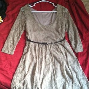 Tan lace dress with black belt