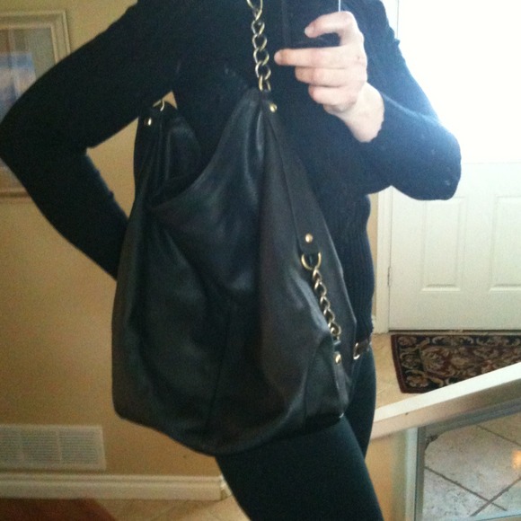 Black Faux Leather Duffle Handbag