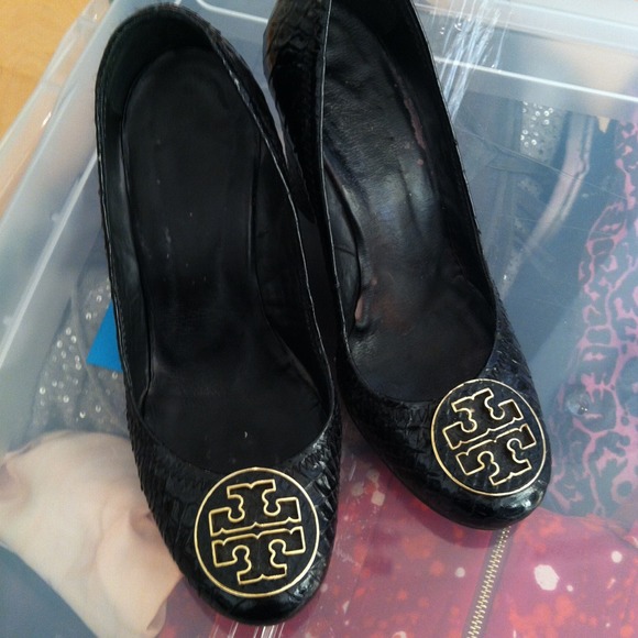 Tory Burch black snakeskin wedges