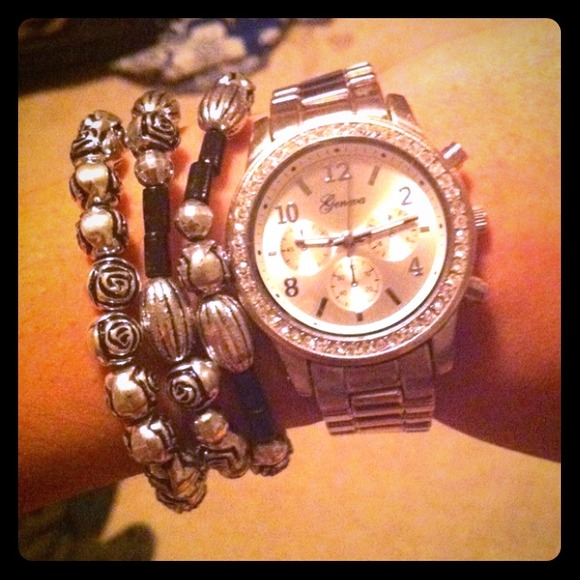Silver watch and stacked bracelets bundle