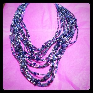 Blue and white seed bead necklace