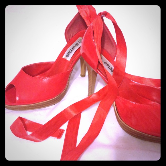 Red Peep Toe Stiletto Heels w/ Ankle Wraps