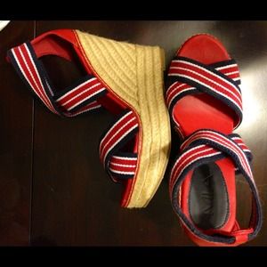 NWOB NWOT NEW wedge heels navy red white 7.5 cute!