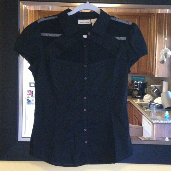 DKNY Blk Cotton and Swiss Dot Mesh Shirt. - Picture 1 of 4
