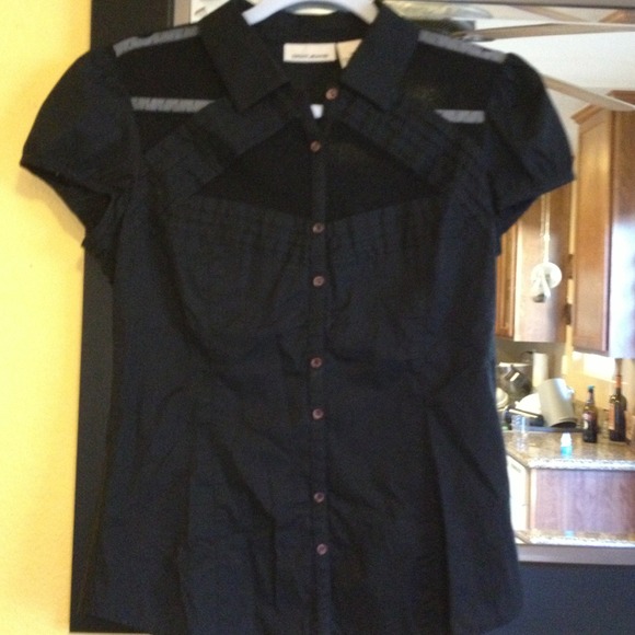 DKNY Blk Cotton and Swiss Dot Mesh Shirt. - Picture 4 of 4
