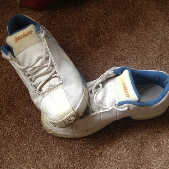 Whit and baby blue Jordan's