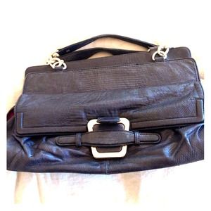 BCBG Black Leather & Gold Structured Alligator Bag