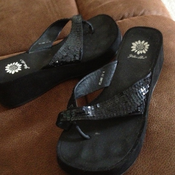 Yellow box black bling wedge flip flops