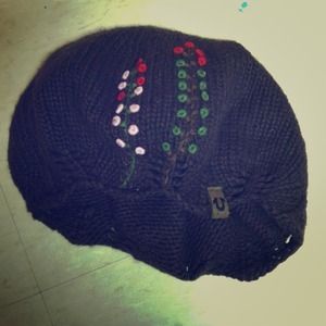 Never worn. Brown beanie red and pink flowers Knit