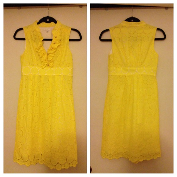 Shoshanna yellow lace dress ruffle gold button
