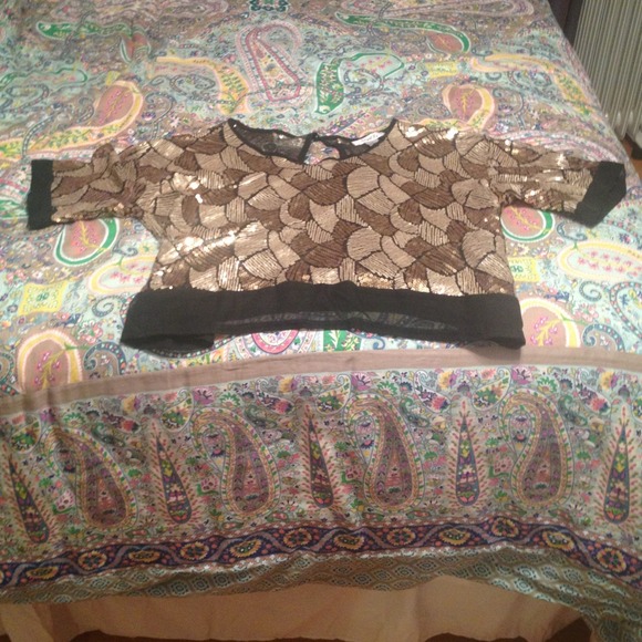 Gold sequined shirt with sheer black banding