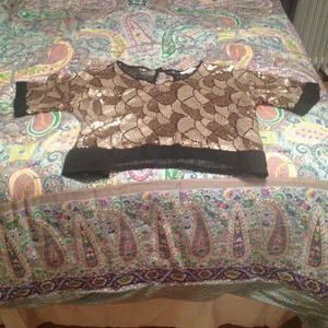 Gold sequined shirt with sheer black banding