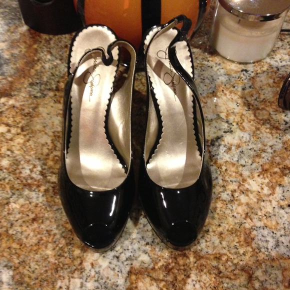 Black Paten Leather Peep Toe Heels