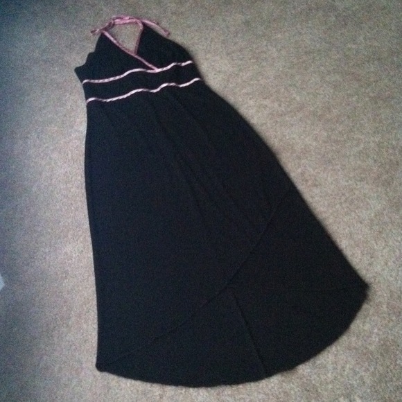 Black halter hi-lo dress with pink piping