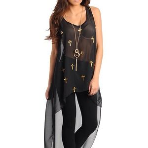 BLACK SHEER TOP WITH GOLD CROSS PRINTS