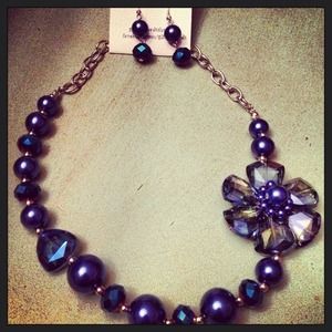 Royal blue pearl flower necklace set