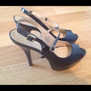 Navy blue double strap pumps