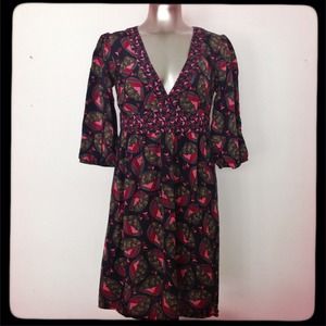 contrast print deep V 3/4 sleeve dress