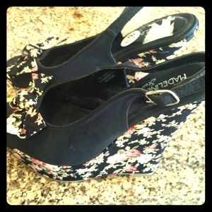 Madeline Stuart wedge floral heels.