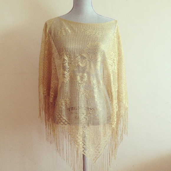 Gold crotchet fringe shawl poncho