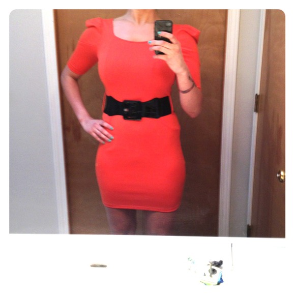 Orange quarter sleeve dress with black belt
