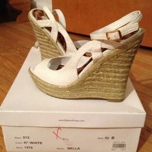 White wedges and polka dot tube top