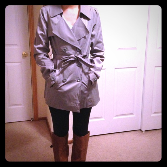 Grey trench coat.