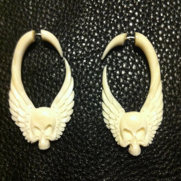 Ox bone skull wing gauge earrings very detailed