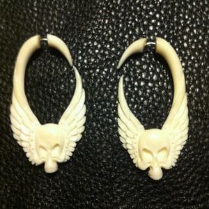 Ox bone skull wing gauge earrings very detailed