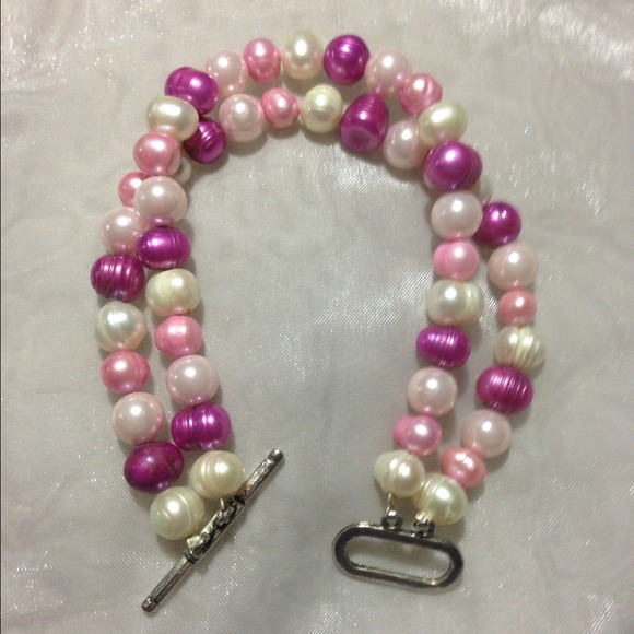 Pink and pearl double beaded bracelet - Picture 2 of 4
