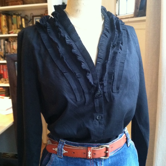 J Crew Black Cotton Ruffle Shirt
