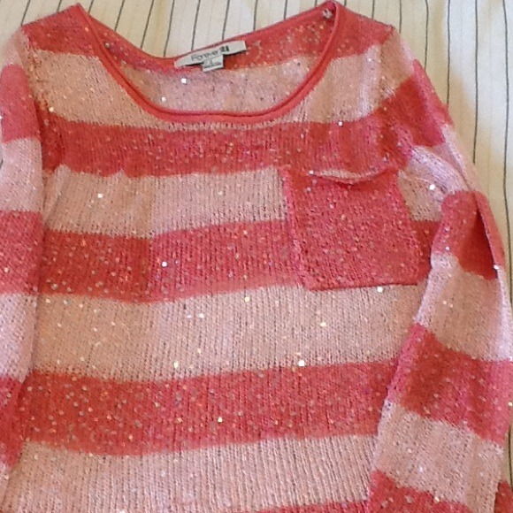 Forever 21 pink and white sequin crochet sweater
