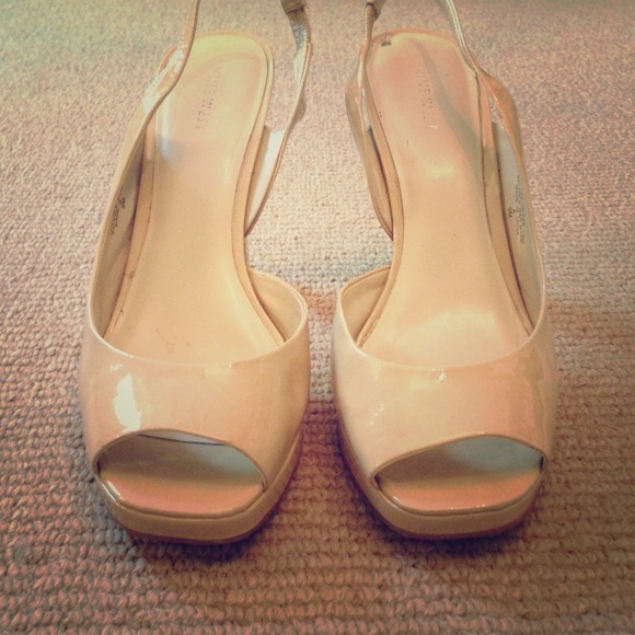 *Reserved* Nude patent open-toe sling-back heels