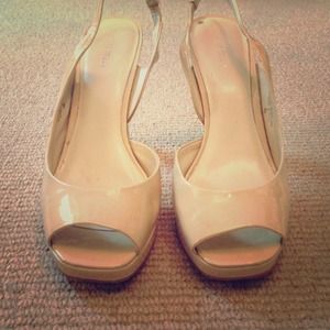 *Reserved* Nude patent open-toe sling-back heels