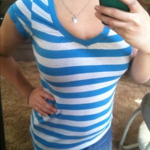 Blue and White Striped V-Neck