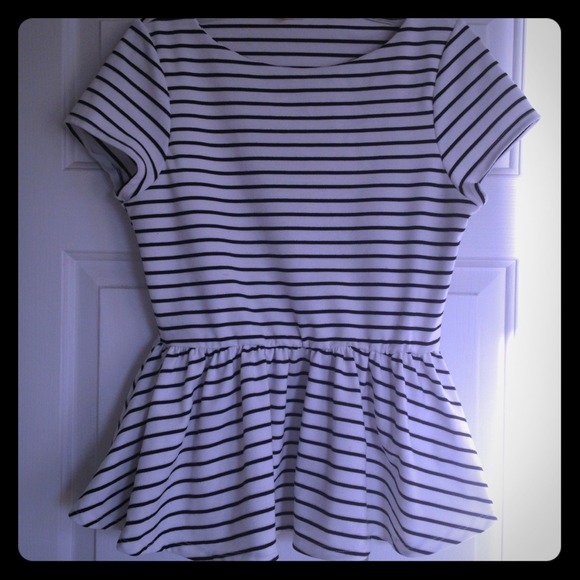 Tops - Navy and white striped peplum shirt.
