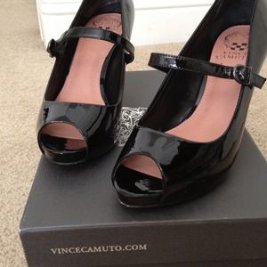 Vince Camuto open toe black pumps.
