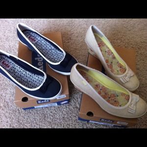 Navy and tan wedges.