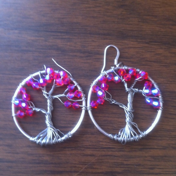 Pink handmade tree of life earrings