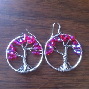 Pink handmade tree of life earrings