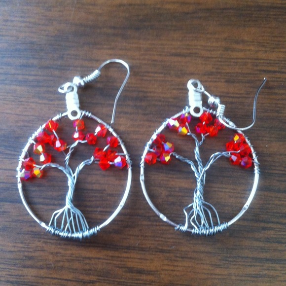 Red handmade tree of life earrings