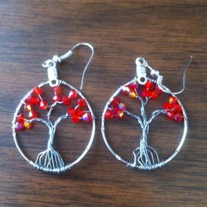 Red handmade tree of life earrings