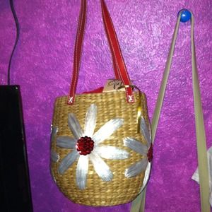 Straw red flower bag