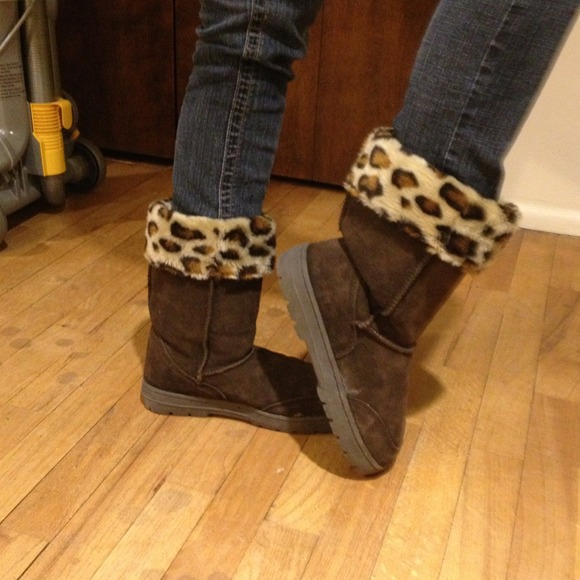 Brown and cheetah print faux fur boots
