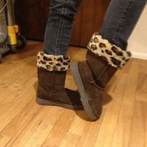 Brown and cheetah print faux fur boots