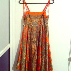Silk paisley dress. Orange, brown and some green.