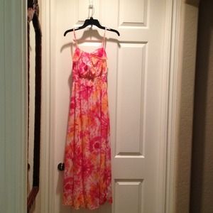 Pink, orange and white maxi dress.