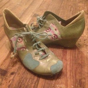 Funky hand-stitched green leather wedges
