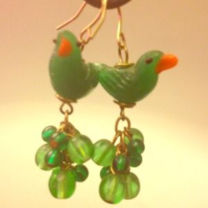 Green beaded bird earrings